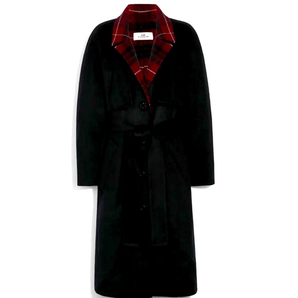 Coach Jackets & Blazers - Women’s Coach Relaxed fit large Never Worn Wool Belted Trench Red Plaid Trim